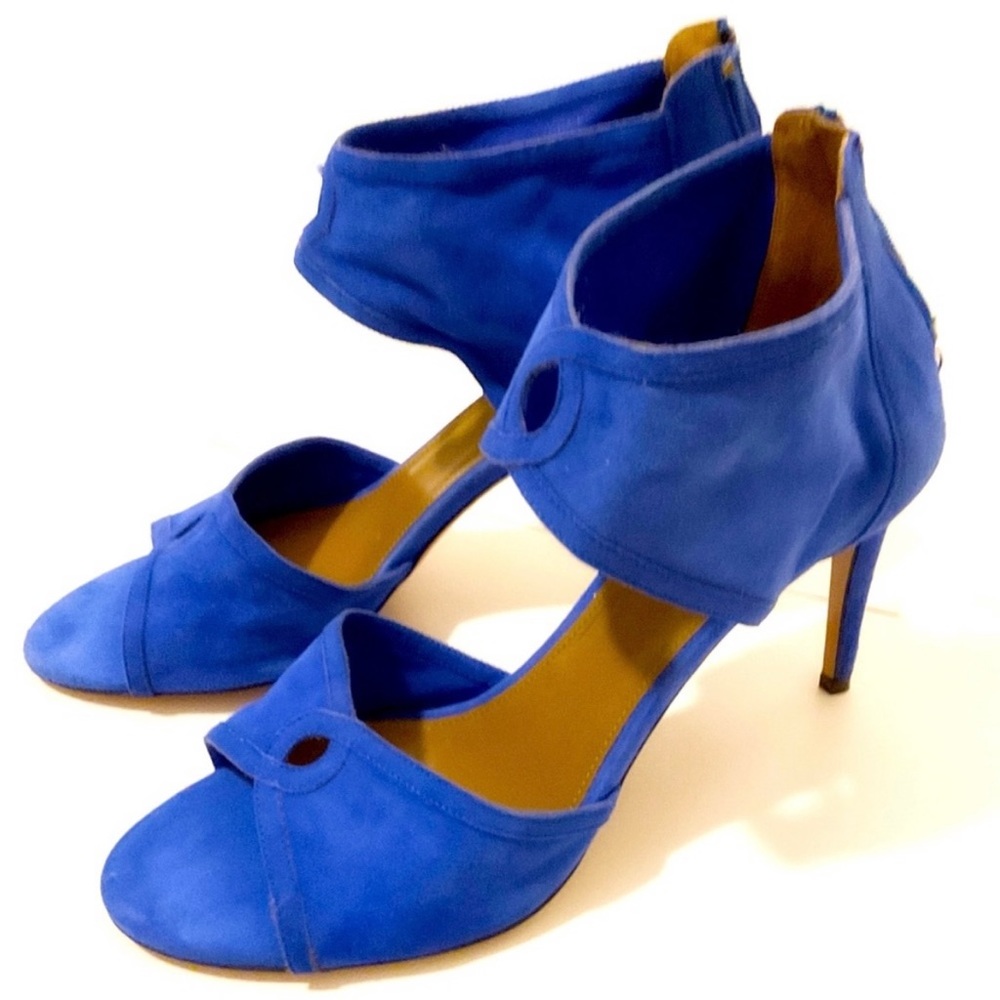 Aquazzura Cobalt Blue Suede Open-Toe Ankle Strap Heels